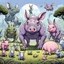 Placeholder: a lot of creatures standing back to the camera, some like an mutant strong pale purple pig like creature, rhinoceros like mutant, and others large strong body alien, a bristled mutant, a pig-like creature, a mutant rabbit alien with big eyes, a gray anthropomorphic big rhinoceros, all creatures looking at frog, opposite the camera one fat anthropomorphic frog with gray-green color shiny skin wearing human clothes and standing in front of a modern restaurant door and facing the camera