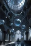 Placeholder: wizard workshop with a gothic/alien hybrid architecture, high vaulted ceilings, and a network of magically suspended tubes of water connected to larger floating globules of water, arranged in a spiderweb configuration