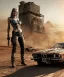 Placeholder: Realistic image. Portrait. Mad max car. Sweet pretty woman cyberpunk in the foreground. BMW 4 series. 4k resolution, intricate details, ornate details, soft lighting, vibrant colors, mad max background