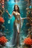 Placeholder: Fullbody excellent pose gorgeous photography art realistic,cinematic realistic colors,soft blur ,natural beauty, of young woman, smiling, beautiful, shiny grey eyes, make up,Queen Persian style, shiny baubles, ornate, large gemstones, shiny molten metalics, shiny wire filigree, brown hair, high definition, Walk in underwater scene teeming with colorful coral, many full fish,clownfish, and gentle sea turtle