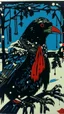 Placeholder: A contemporary serigraphy by Matisse of a human-like crow adorned in a punk leather jacket within a snowy Christmas atmosphere.