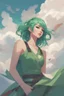 Placeholder: concept art of a beautiful woman with green hair, by Krenz Cushart, clouds, detailed digital artwork, illustrative, painterly, matte painting, highly detailed, cinematic composition, free, liberation