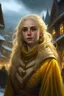 Placeholder: dnd, fantasy, high resolution, in a snowy northern town, portrait, angelic golden hair and yellow glowing eyes female trader, medieval times, without wings