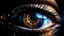 Placeholder: Piercing eyes with holographic iris showing constellations of neural synapses, dilated pupils reflecting floating mathematical equations, deep gaze with flashes of quantum understanding, eye veins forming fractal patterns of knowledge, eyelashes projecting luminous binary codes, philosophical cyberpunk style
