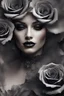 Placeholder: Close-up image of a beautiful woman's face inside of a black rose, Smoky, 8k quality, extremely realistic, gothic, exceptional creation, fantastic, highly detailed