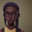 Placeholder: Portrait of a pretty 9 year old African witch with bushy hair and glasses by Nick Harris