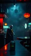 Placeholder: ,surrealism of the dark of a nightmare , hyper photorealistic, hyper detailed bright art color, high resolution, fog, octane render, tilt shift, HDRI Environment, Batman and the joker chatting in a bar