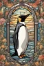 Placeholder: stained glass window design of an overwhelmingly penguin framed with vector flowers, long shiny, wavy flowing hair, polished, ultra-detailed vector floral illustration mixed with hyper realism, muted pastel colours, vector floral details in the background, muted colours, hyper-detailed ultra intricate overwhelming realism in a detailed complex scene with magical fantasy atmosphere, no signature, no watermark