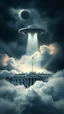 Placeholder: A ufo hovering above the White house hovering above swirling clouds, emerges from the heart of a raging storm. Turbulent winds of steam swirl around the iconic structure, lit by shafts of sunlight that cast dramatic shadows on the A large UFO spacecraft hovering over the pentagon building surrounding clouds. A storm rages and thunder lights up the dark sky,