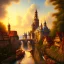 Placeholder: Drawing in oil of medieval city river, sunny, clouds, fantasy 8k