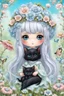 Placeholder: cute happy fairy girl with rounded (blue eyes), big long silver hair, a tiny black fluffy kitty sitting on her hat, chibi 3d anime character, detailed, fantasy style, nice picture in the big meadow with pale colors flowers