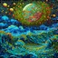 Placeholder: Pointillist artwork. Medium shot. Animated waves and storm clouds partially occlude the huge moon in a nighttime sea storm. Wide angle lens. Mikalojus Konstantinas Ciurlionis inspired pointillism with Miriam Schapiro's vibrant colors. Geometric shapes and patterns reminiscent of Naomi Okubo's style. Screen print textures and pop art aesthetic. Triadic colors with blue, yellow, and red hues. Golden hour glow with symmetrical composition. 8k resolution, highly detailed, trending on Artstation, fol