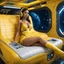 Placeholder: Alexandra in two-pieces yellow bikini rests on the sci-fi sofa in her cabine of the spaceship