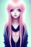 Placeholder: girl, cute, beautiful, big nose, pink hair, long hair, blue eyes, black sweater, bloody, long eyelashes, crazy face, lazy eye, yandere