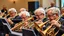 Placeholder: Elderly pensioners playing brass instruments in an orchestra. Photographic quality and detail, award-winning image, beautiful composition.