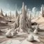 Placeholder: Dark, creepy, 3d, marble-like, surreal objects in a bright environment, desert, noon light, melting cream, Yves Tanguy style