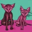 Placeholder: sphynx cats playing with coloured balls of yarn in comicbook style