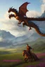 Placeholder: detailed oil painting, renaissance style, of dragon flying across an open field, swords in hand, mountains in distance