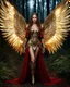 Placeholder: Photography full body A Length image of very beautiful Super model Russian Woman,long hair red as an Beautiful Archangel with wings made from metal craft,dressing luxurious golden and black color armor filigree combination fully crystals diamonds stone,luxury boots shoes,in magical night forest full of lamps Background