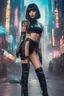 Placeholder: full-body-art of a woman with a bob with a fringe hairstyle, Cleopatra clothing, black knee-high boots, cyberpunk city background