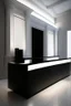 Placeholder: Museum reception desk with black walls, white floor, and hidden or rich lighting