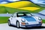 Placeholder:  Grey car porche 911,Toscana, blue skies, blue water, clear day, sun, country road, lake como, wide landscape, oil painting, cubism, picasso