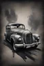 Placeholder: An old automobile , Hyper Realistic Aerial Grungy Dark-Grey Brush strokes on a dark rustic background with charcoals