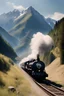 Placeholder: The orient express train moving at speed on the track on a sunny day with mountains in the background 1920, steam