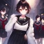 Placeholder: Clear focus, High resolution, fluffy black short hair, dark red eyes, wearing a black and red sailor uniform and pleated black skirt, fluffy hair, detailed outfit, wearing red eyelashes,