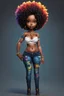 Placeholder: create a colorful abstract silhouette art image 8k of a chibi curvy black female wearing torn jeans pants and a black tie dye off the shoulder blouse. Prominent make up with hazel eyes. Highly detailed long tight curly afro in a hair wrap.