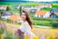 Placeholder: Young woman in flower field in country side ,river, houses