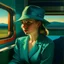 Placeholder: Portrait of a girl in turquoise hat on a train at sunset by Hopper