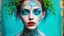 Placeholder: old retro photograph, light vignette, faded, worn and cracked, double exposure, surrealism, female humanoid from another world, red lips, half body, greenish blue pale transparent glowing skin, bald head, plants growing out of head, tattoo on head, alien transparent eyes, double exposure, hyperdetail, double exposure, Anna Razumovskaya, Anna Dittmann, Luis Royo, Neo-impressionism, expressionism, oil painting. Bold, detailed and textured brushstrokes reminiscent of Royo and Peter Coulson. Deep co