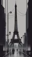 Placeholder: An atmospheric, Paris Eiffel Tower fine lines draw noir-style illustration of a rainy cityscape at night, featuring glowing streetlights reflecting off the wet pavement, towering Art Deco skyscrapers, and a statue evoking a sense of intrigue and timelessness.