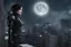 Placeholder: Fantasy Photo Of A Woman With Black Hair, Wearing A robot-looking suit, standing sideways On A Ledge of a building, With A waning moon Behind Her Head