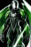 Placeholder: Cyborg symbiote, white color, green color, tendrils, high tech, cyberpunk, biopunk, membrane wings, carbon fiber, cyber tentacles, and the other two.