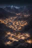 Placeholder: Bird's eye view of a small but modern village at the foothills of a jagged mountain range at night. The land is dry and rocky.