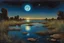 Placeholder: Dark blue sky with one exoplanet in the horizon, rocks, puddle, weeds, sci-fi movies influence, epic, ernest welvaert and emile claus impressionism paintings