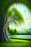 Placeholder: Logo of a pretty willow tree with long green hanging branches, standing outside a square window with an arch, emphasize the window and arch, serene tranquil background with a body of water.