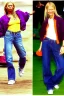 Placeholder: year 1996 denim fashion. Loose fit, low waist, baggy. Colors: denim blue, blue, purple, khaki, light green, lilac, plum, orange, terracotta, red, pink, dark blue, beige. Women models. Jennifer Lopez, Gwyneth Paltrow. Big tennis shoes on.