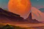 Placeholder: autumn vegetation, one exoplanet in the horizon, big stones, cliff, sci-fi.