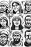 Placeholder: diferent medieval people with diferent expressions, some dramatic, somo happy. the style is minimal black and white stamp. in the sheet there are more than 5. very diverse court memebers and everyday people. man, woman, kids. white background