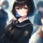 Placeholder: Clear focus, High resolution, fluffy black short hair, dark green eyes, wearing a black sailor uniform and pleated black skirt, fluffy hair, detailed outfit