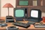 Placeholder: retro tech on a desk, Magneto-optical disk, floppy disk, Hard disks, ram, VHS, Retro pc, slight watercolor, no humans