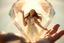 Placeholder: closeup, inside of a huge diamond a beautiful brunette woman dancing happily and dynamically, the diamond is in the opened palm of God, S<AI in sunshine, ethereal, cinematic postprocessing, shiny metallic pastel watercolor