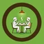 Placeholder: A circular logo for a cafe in a beautiful green color, with two people sitting around a two-person table in the center of the circle, drinking coffee, and the cafe light above the table is on, with each person's head resembling a coffee cup.