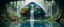 Placeholder: geometric building in water in front of jungle waterfall colorfull dork neck bambooza schizoid dreams in the style of giger and escher