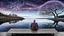 Placeholder: back to the camera on unique amorphe bench a non bynare human figure sitting, a beautiful landscape and overlooking the water of the nearby lake, calm, harmonious atmosphere, muted dark colors, purple, white, gray, brown, silver, blue, pale colors, , not too colorful colors, Whimsical style and giant stunning neuron network all over the sky surreal stunning vibe