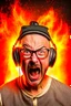 Placeholder: Portrait of a man with a radio helmet on his head. Wearing glasses. A small beard pepper and salt. He is bald. White race. He is a metal fan and screams. Flames surround him.