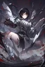 Placeholder: Anime girl with short black hair and sharp green eyes holding a sinister spear, full body black and white metal armour, full body shot, Dark lighting,1woman, soaked in blood,Warrior